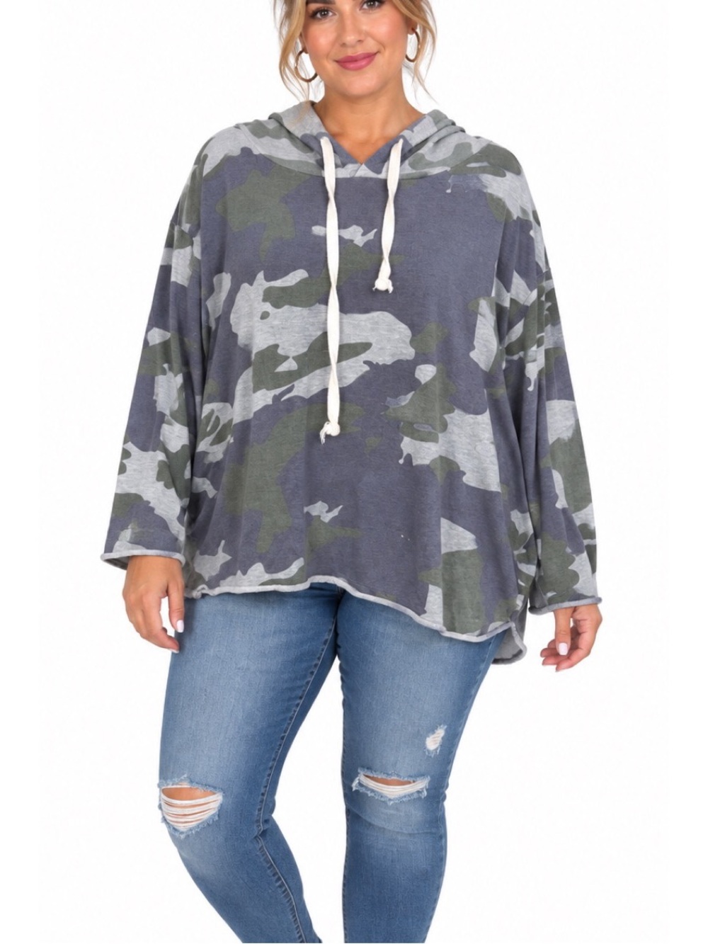 Stitch Stardom camouflage print long sleeve pullover hoodie in gray and green